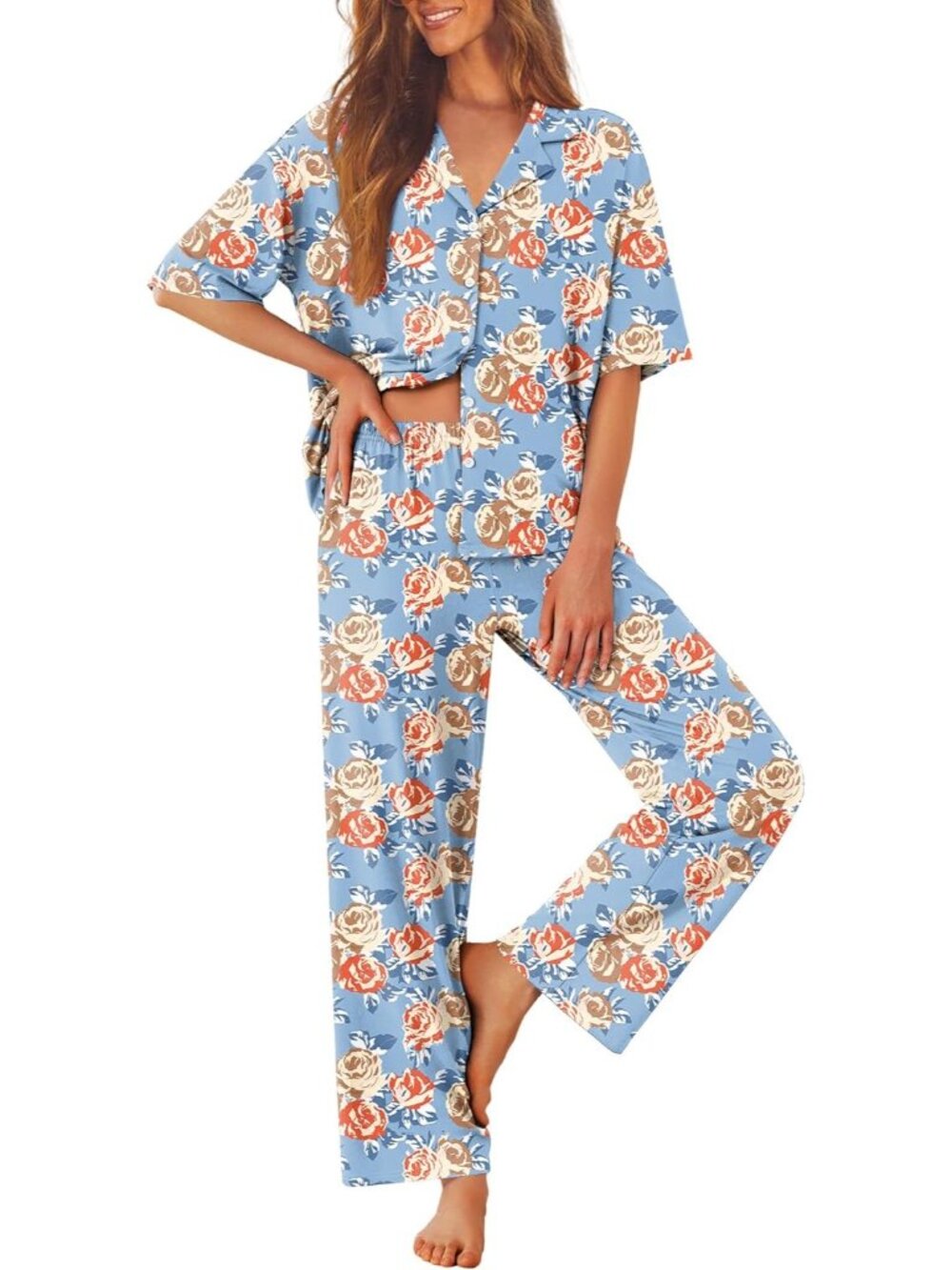 Women Blue Flower Notch Lapel Short Sleeve Shirt Sleepwear with Long Pajamas Set